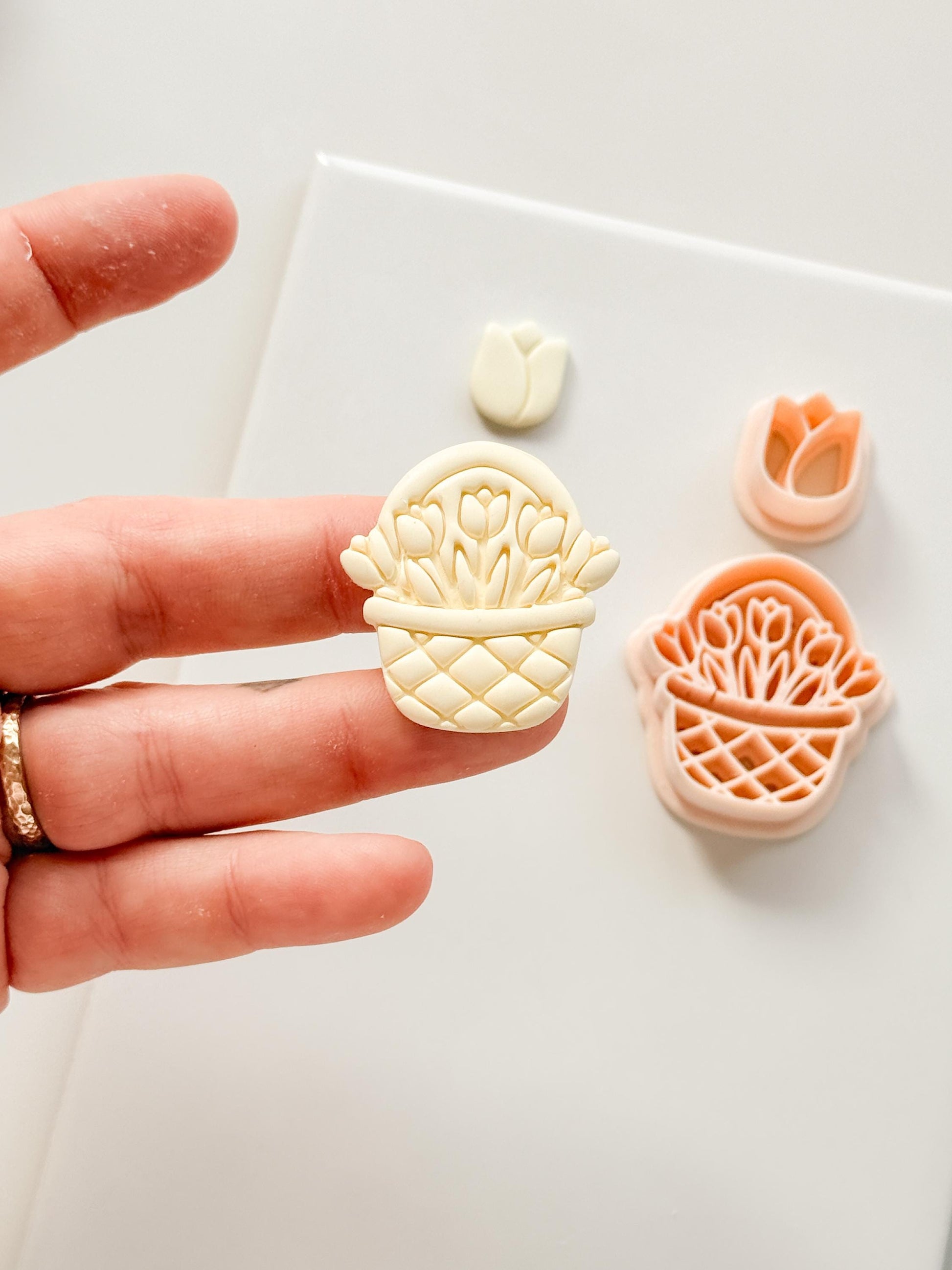 Tulip Basket Polymer Clay Cutter: Embossed Floral Set & Mini Bloom for Spring