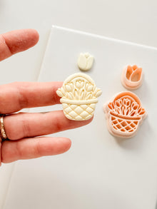 Tulip Basket Polymer Clay Cutter: Embossed Floral Set & Mini Bloom for Spring