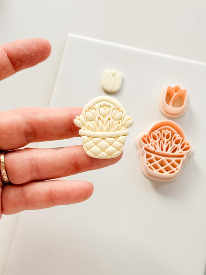 Tulip Basket Polymer Clay Cutter: Embossed Floral Set & Mini Bloom for Spring