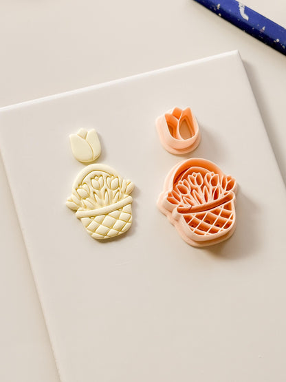 Tulip Basket Polymer Clay Cutter: Embossed Floral Set & Mini Bloom for Spring