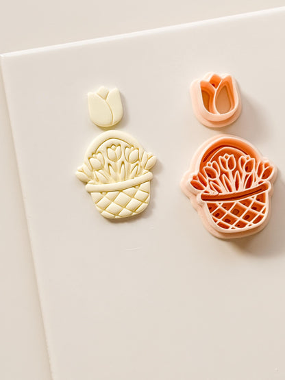 Tulip Basket Polymer Clay Cutter: Embossed Floral Set & Mini Bloom for Spring