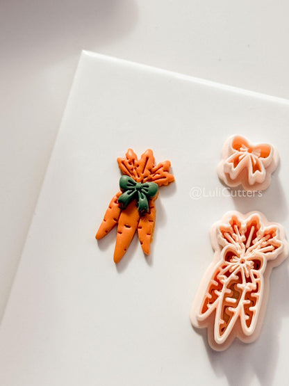 Bunny Bouquet Polymer Clay Cutter: Embossed Carrot Bunch & Bow for Easter