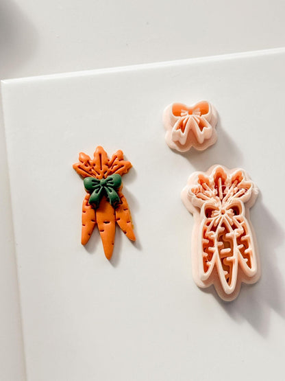Bunny Bouquet Polymer Clay Cutter: Embossed Carrot Bunch & Bow for Easter