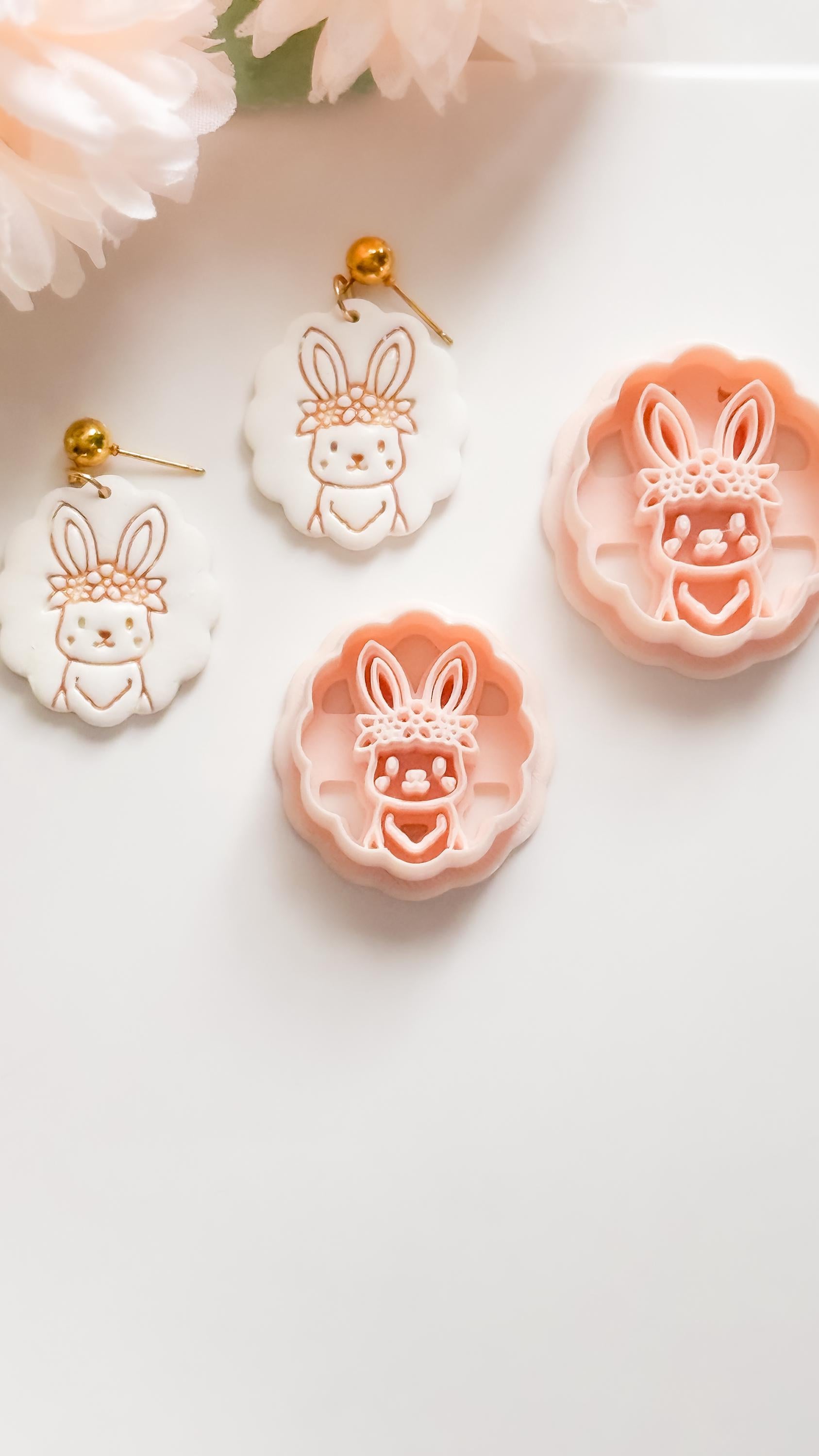 Daisy Bunny Polymer Clay Cutter: Scalloped Edge Floral Rabbit