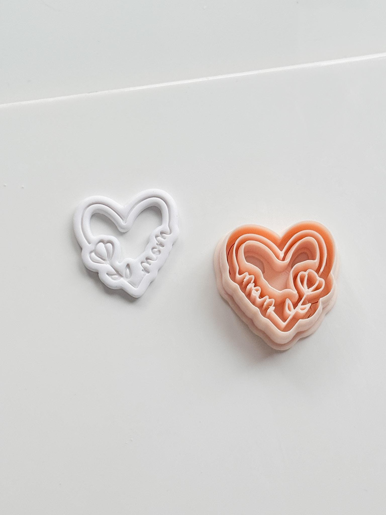 Mom Script Cutter: Heart-Shaped Design with Flower and Cursive Text for Polymer Clay