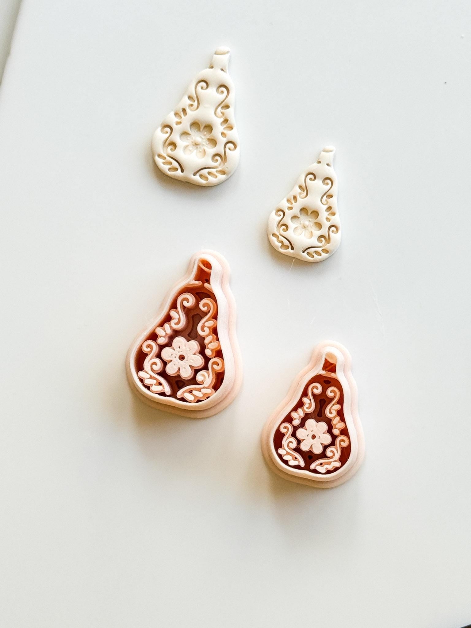 Floral Pear Cutter: Intricate Flower & Scroll Design for Polymer Clay
