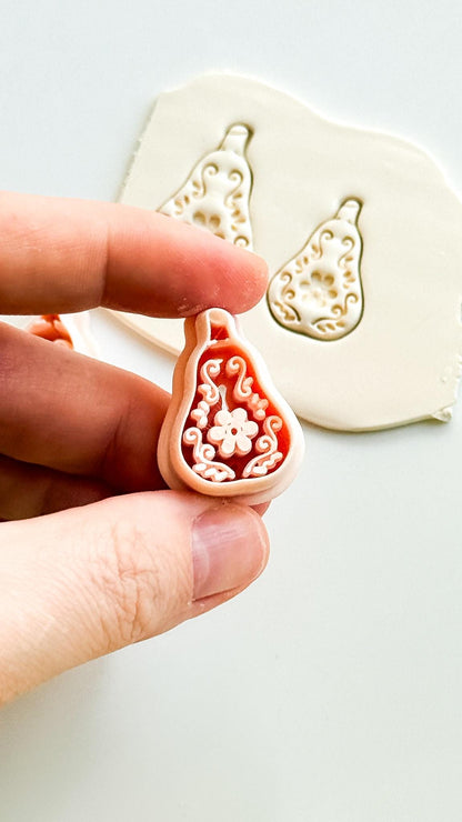 Floral Pear Cutter: Intricate Flower & Scroll Design for Polymer Clay