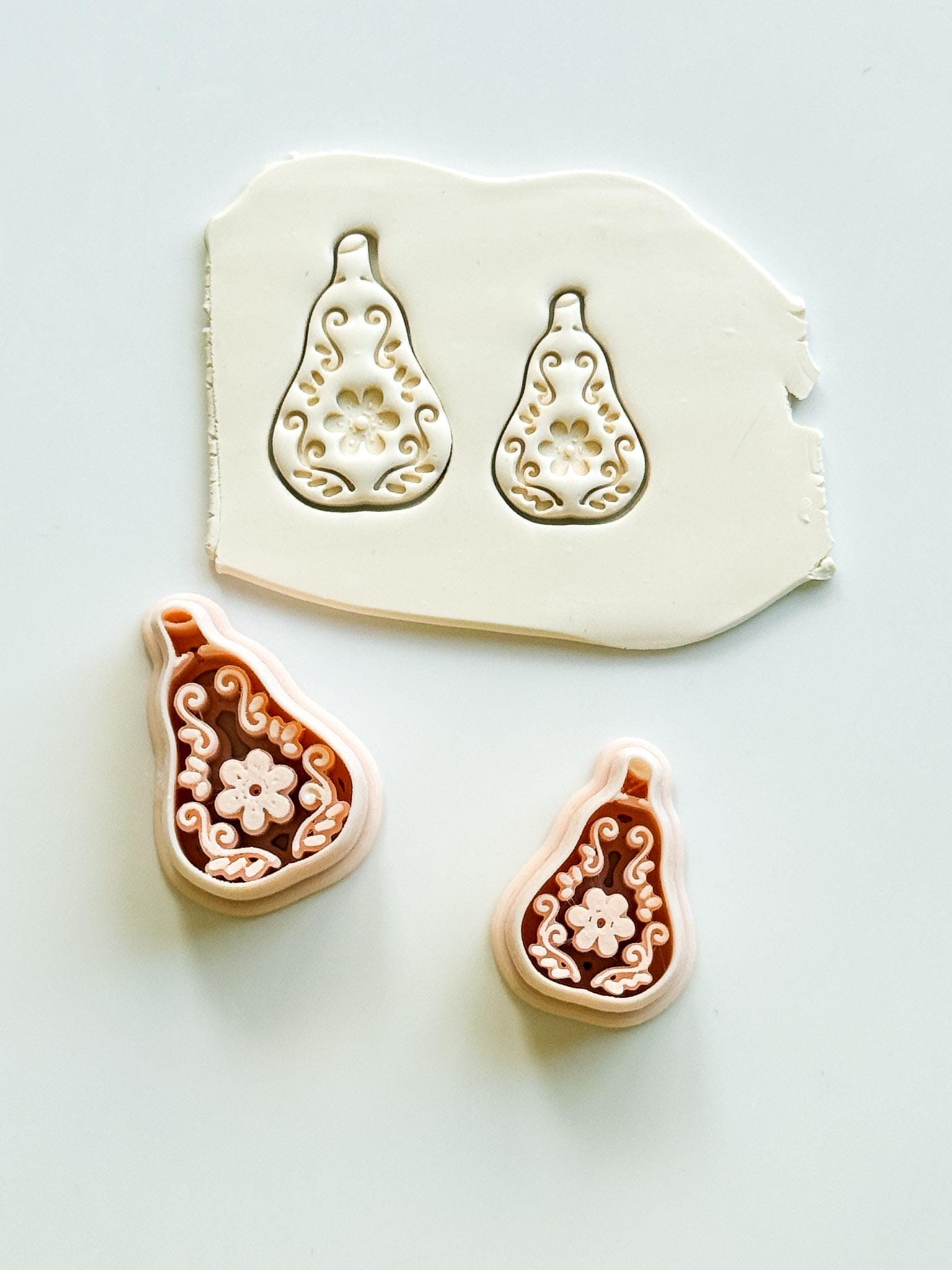 Floral Pear Cutter: Intricate Flower & Scroll Design for Polymer Clay