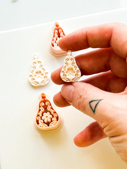 Floral Pear Cutter: Intricate Flower & Scroll Design for Polymer Clay