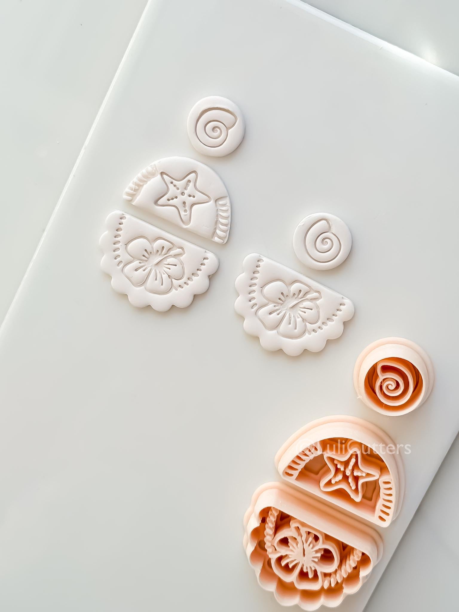 Hibiscus Trio Cutter: Tropical Flower Shell Spiral Shapes for Polymer Clay