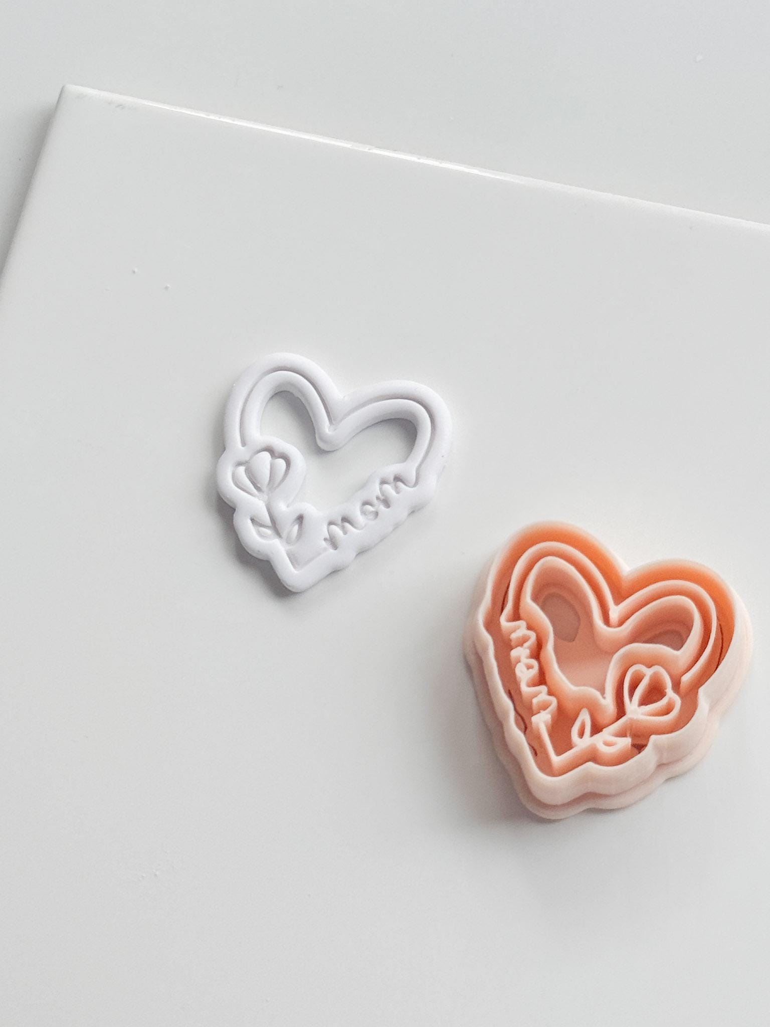 Mom Script Cutter: Heart-Shaped Design with Flower and Cursive Text for Polymer Clay