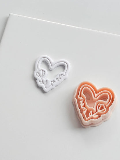 Mom Script Cutter: Heart-Shaped Design with Flower and Cursive Text for Polymer Clay