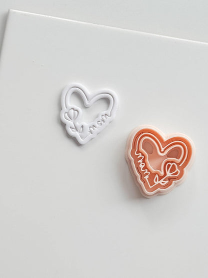 Mom Script Cutter: Heart-Shaped Design with Flower and Cursive Text for Polymer Clay