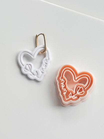 Mom Script Cutter: Heart-Shaped Design with Flower and Cursive Text for Polymer Clay