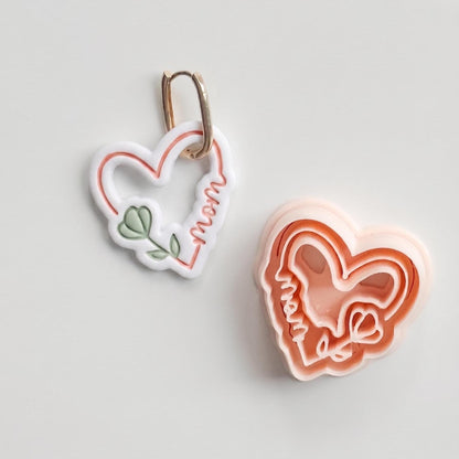 Mom Script Cutter: Heart-Shaped Design with Flower and Cursive Text for Polymer Clay