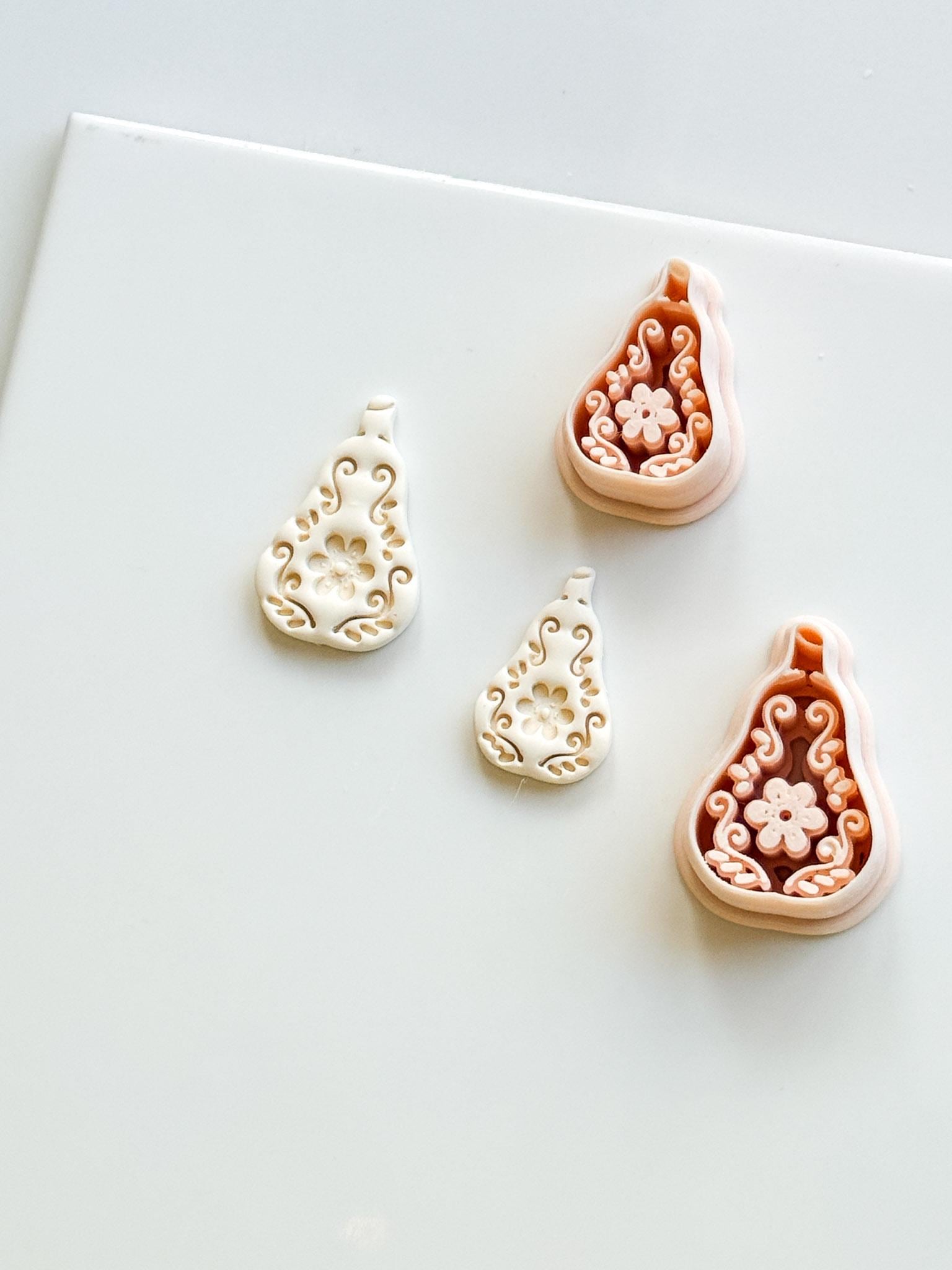 Floral Pear Cutter: Intricate Flower & Scroll Design for Polymer Clay