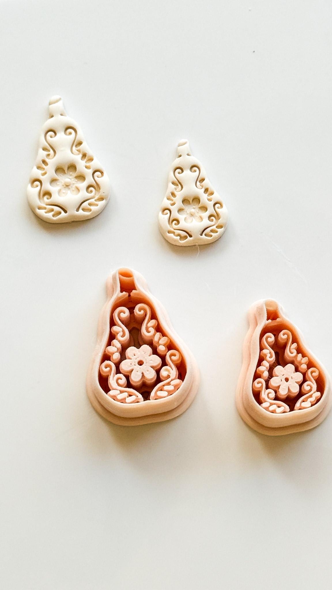 Floral Pear Cutter: Intricate Flower & Scroll Design for Polymer Clay
