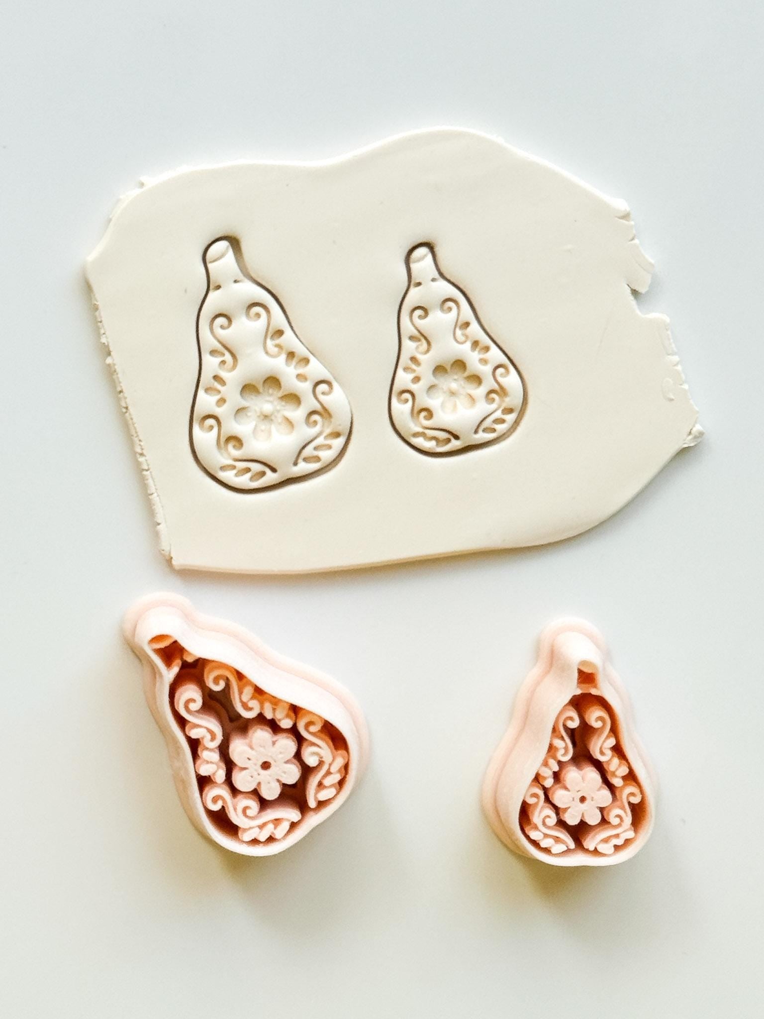 Floral Pear Cutter: Intricate Flower & Scroll Design for Polymer Clay