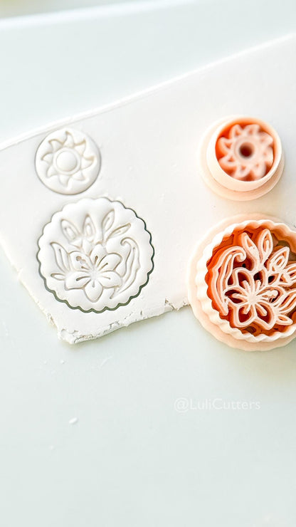 Sun Stud & Lily Scallop Drop Cutter: Floral Botanical Dangle Shape for Polymer Clay