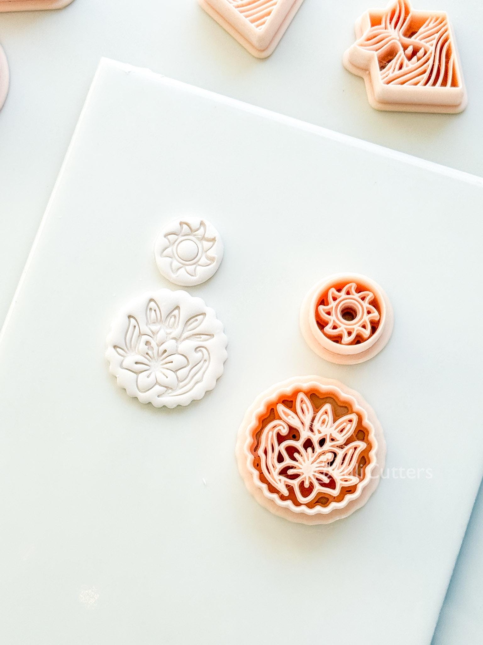 Sun Stud & Lily Scallop Drop Cutter: Floral Botanical Dangle Shape for Polymer Clay