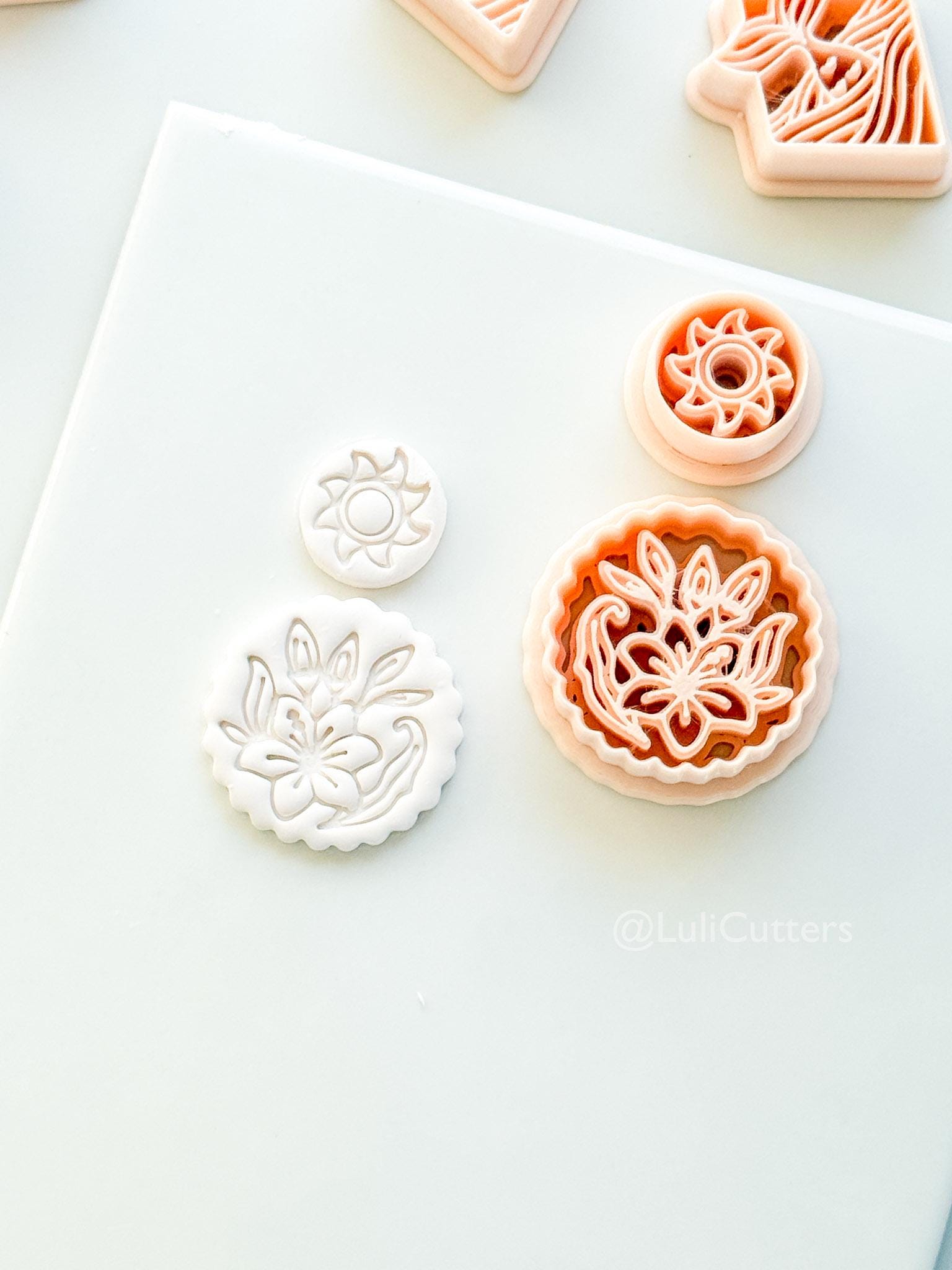 Sun Stud & Lily Scallop Drop Cutter: Floral Botanical Dangle Shape for Polymer Clay