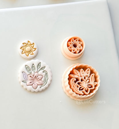 Sun Stud & Lily Scallop Drop Cutter: Floral Botanical Dangle Shape for Polymer Clay