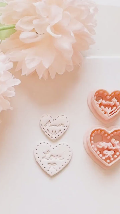 Amor & Love Script Dangle Clay Cutter Set: Heart Design with Lettered Embossing