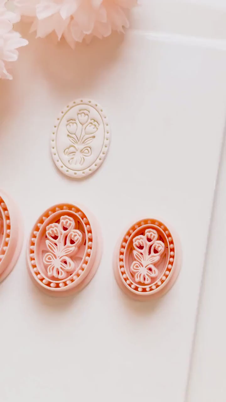Tulip Cameo Clay Cutter Set: Oval Floral Design with Bow Embossing