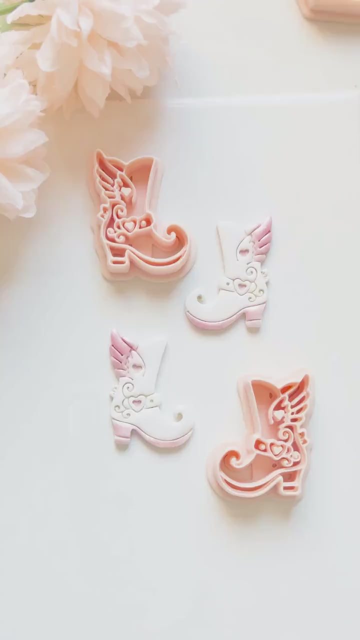 Sweetheart Boots Clay Cutter Set: Winged Boot Design with Heart Details