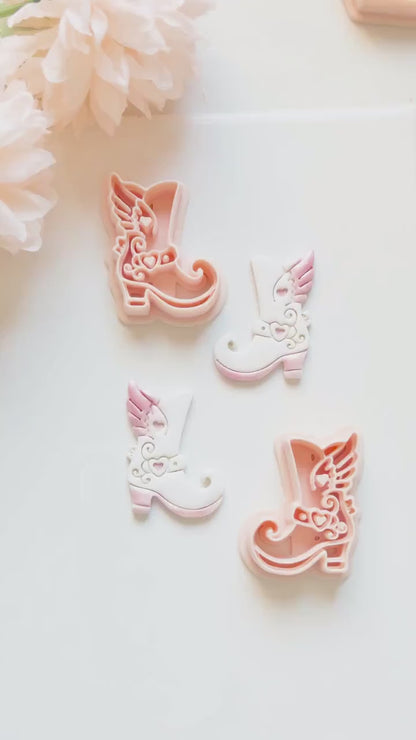 Sweetheart Boots Clay Cutter Set: Winged Boot Design with Heart Details