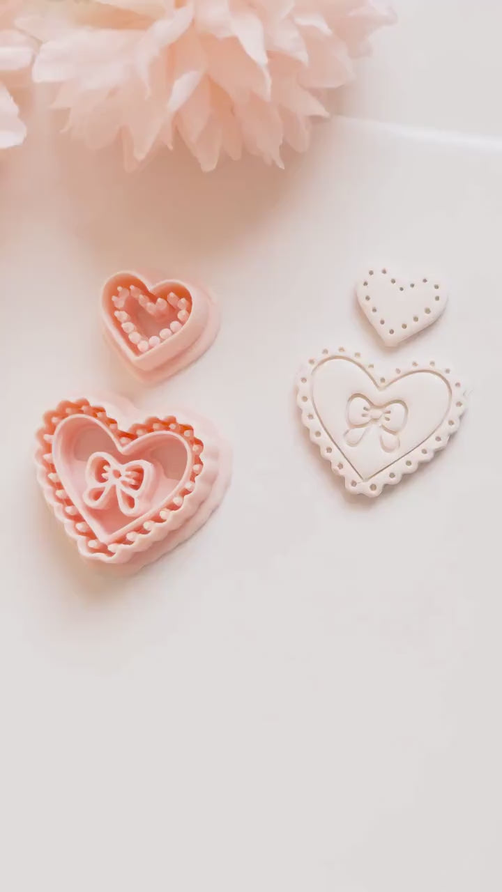 Pink Love Clay Cutter Set: Scalloped Heart with Bow & Dot Embossing