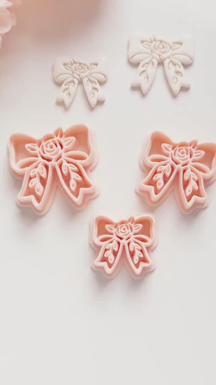 Bow Rosa Floral Clay Cutter: Rose Bloom Bow with Leaf Details