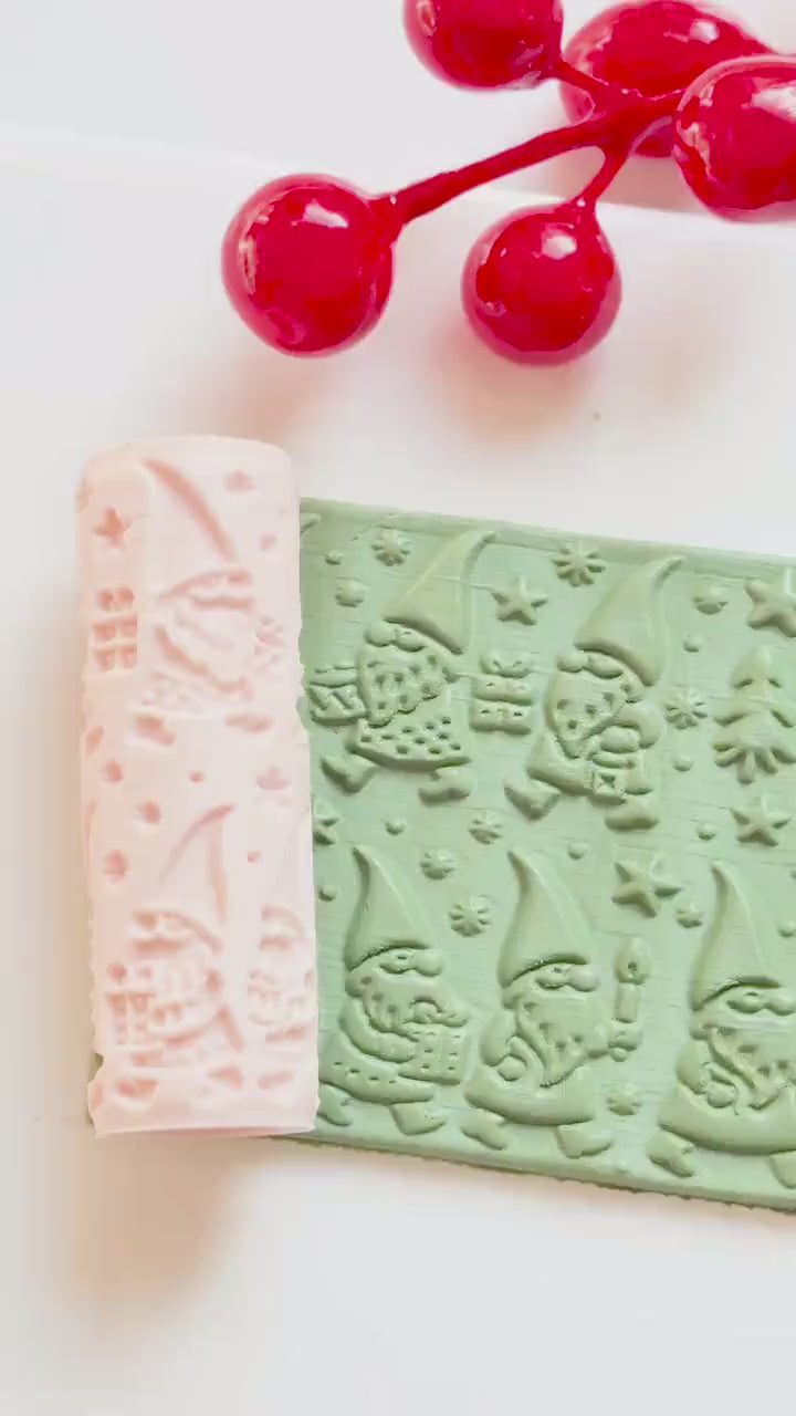Christmas Gnome Emboss Roller for Polymer Clay – Holiday Texture Rolling Pin